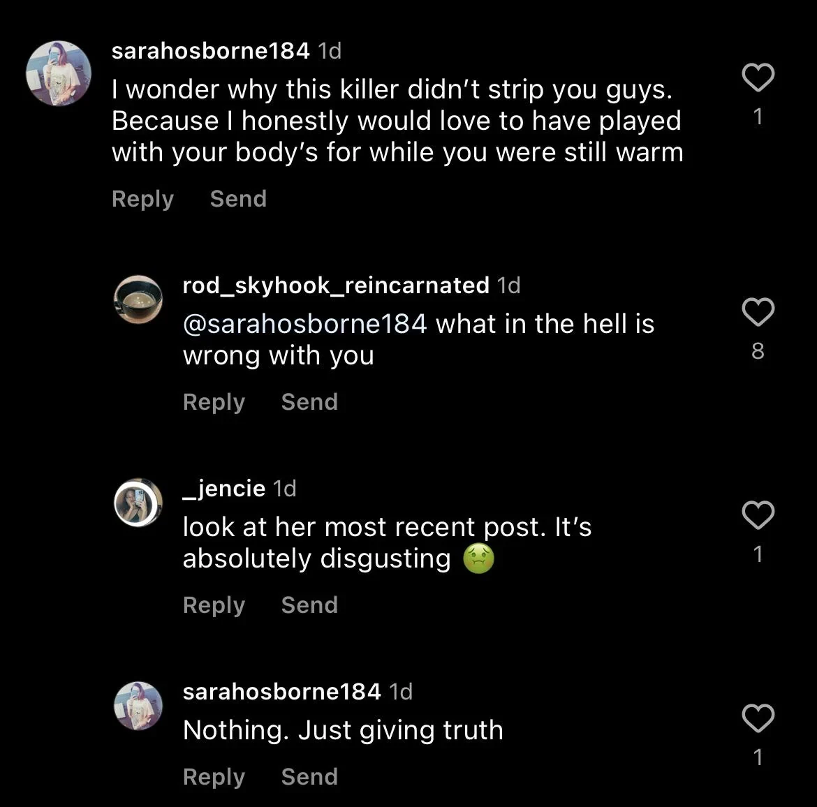 Dark-mode social-media comment thread containing an abusive remark and critical replies, with profile icons and like counts.