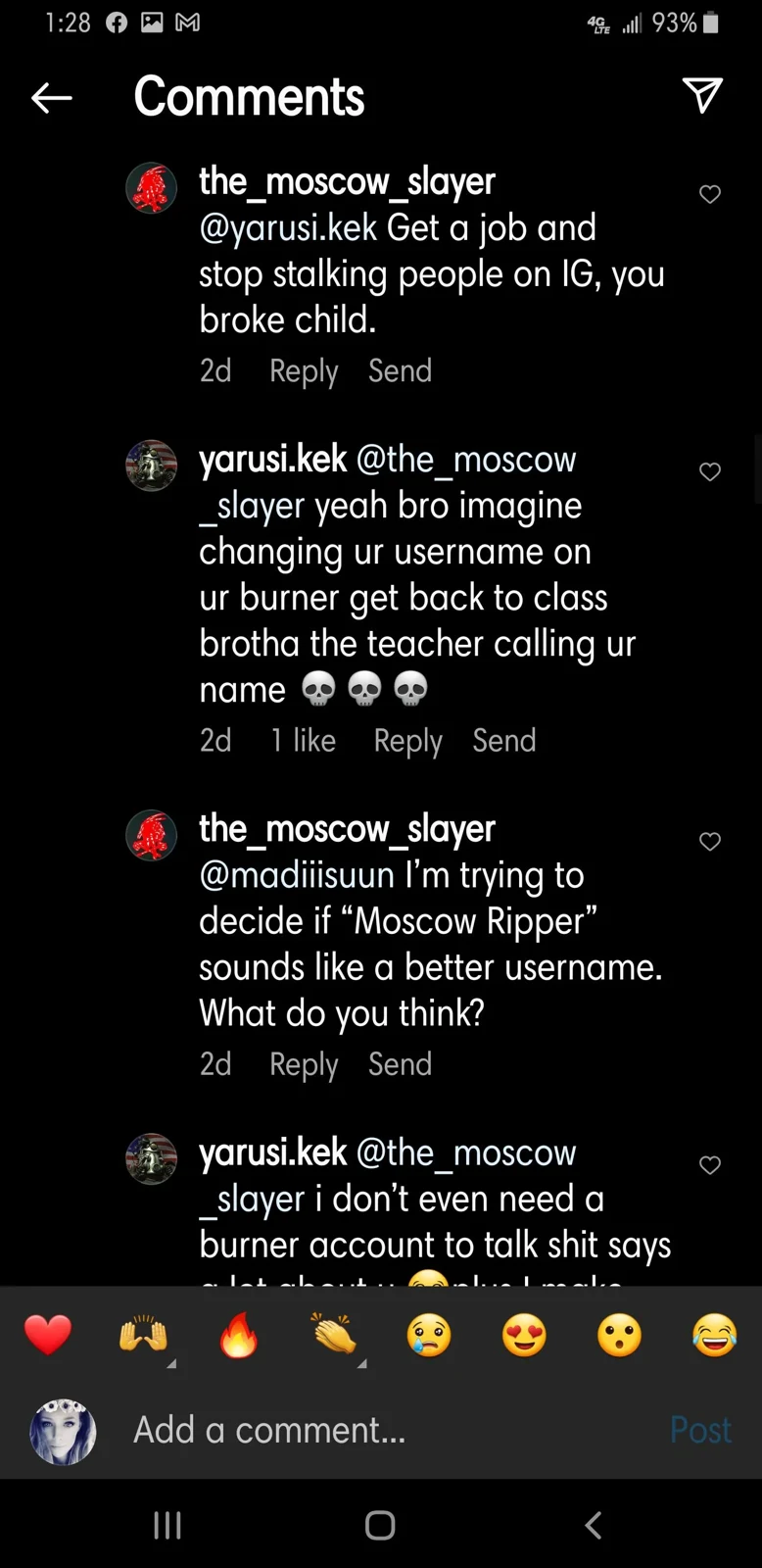 Phone screenshot of a dark-mode social-media argument, with comment replies and an emoji input row.