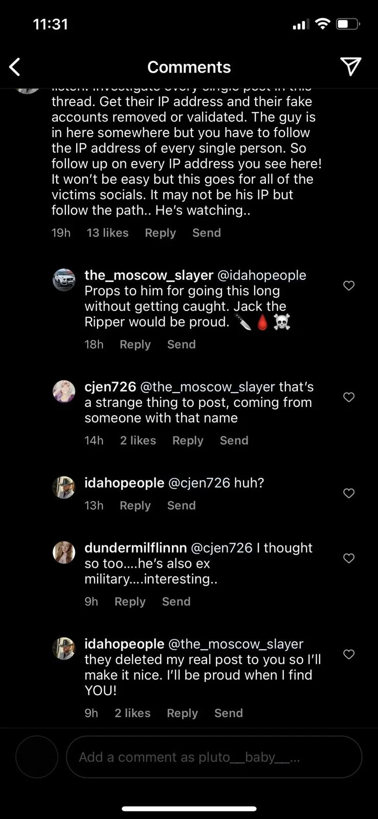 Phone screenshot of a dark-mode comment thread discussing an account and reacting to its remarks.
