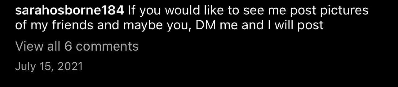 Cropped dark-mode social-media caption inviting direct messages about photographs, with a date and comment count.