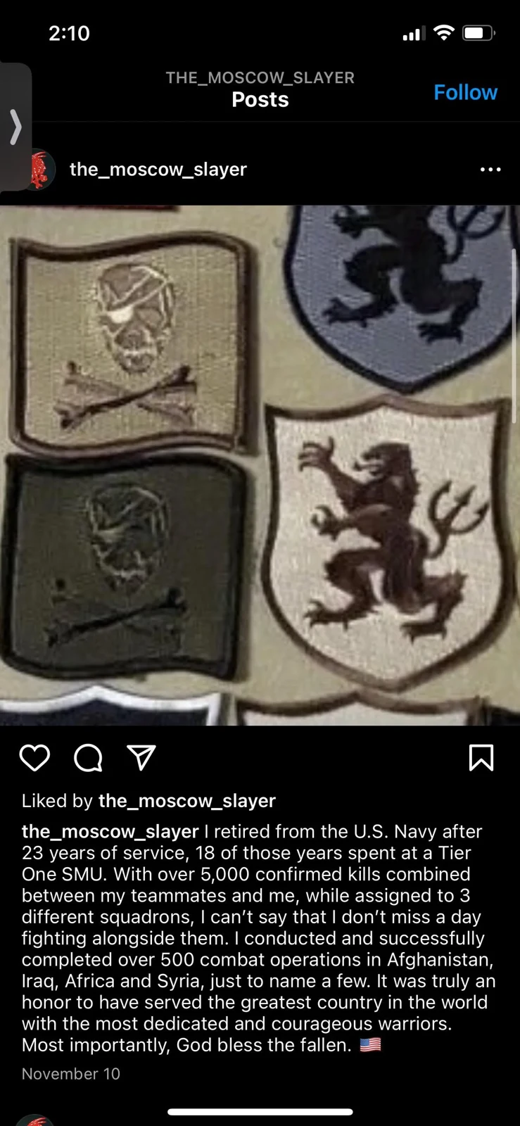 Social-media post showing four embroidered patches with skull and lion designs, above a text caption.