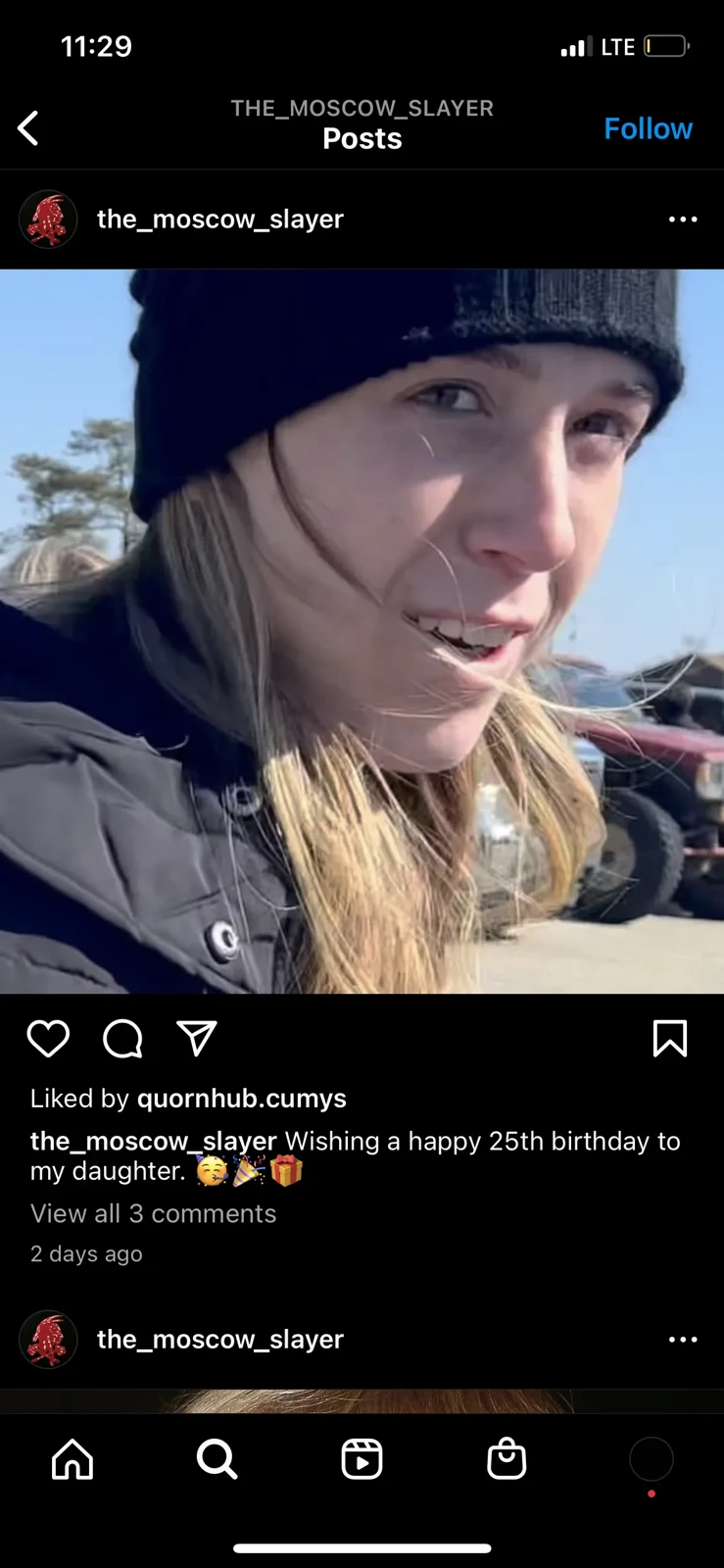 Social-media post showing a person outdoors wearing a dark knit hat and jacket, with a caption below.