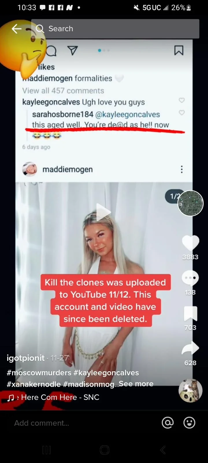 Short-video screenshot combining an underlined social-media comment, a portrait of a woman and a red text overlay.