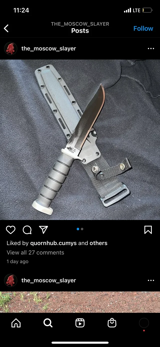 Social-media post showing a fixed-blade knife and gray sheath on dark fabric, with account controls and caption below.