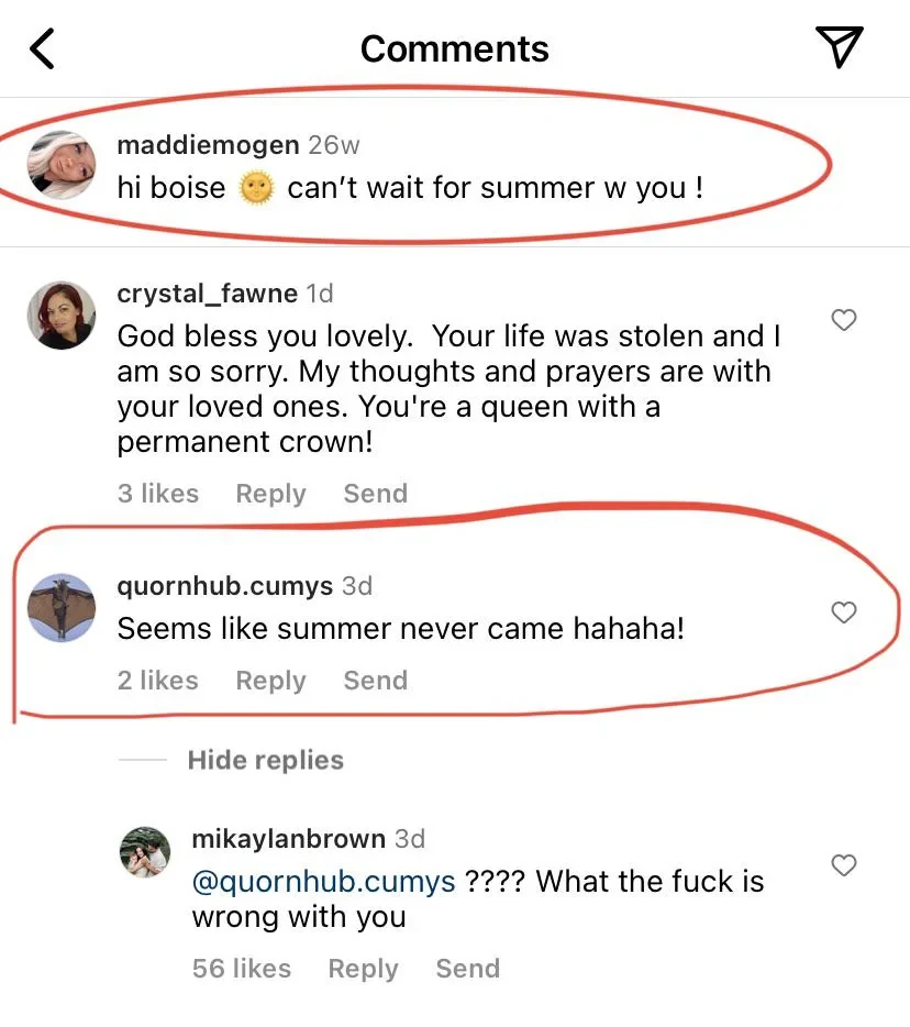 Light-mode social-media comment thread with two comments circled in red and replies underneath.