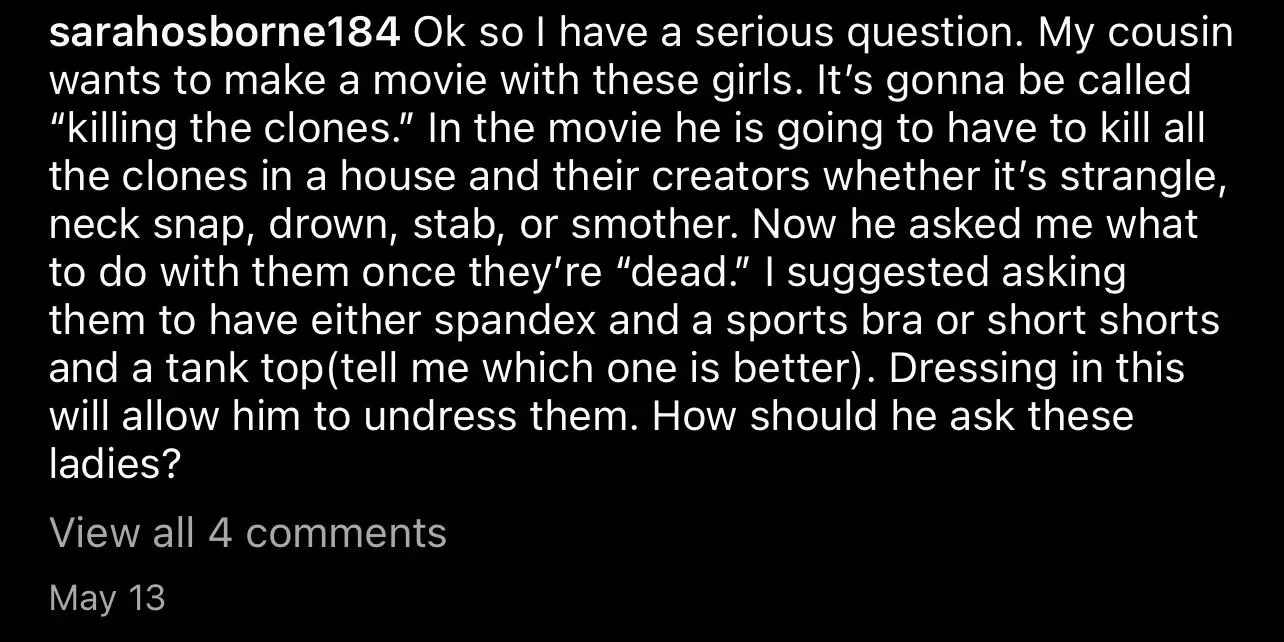 Cropped dark-mode social-media caption describing a proposed violent film, with a comment count and date.