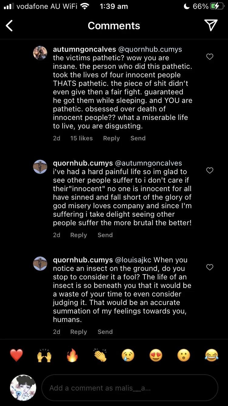 Phone screenshot of a dark-mode social-media argument containing abusive comments and an emoji input row.