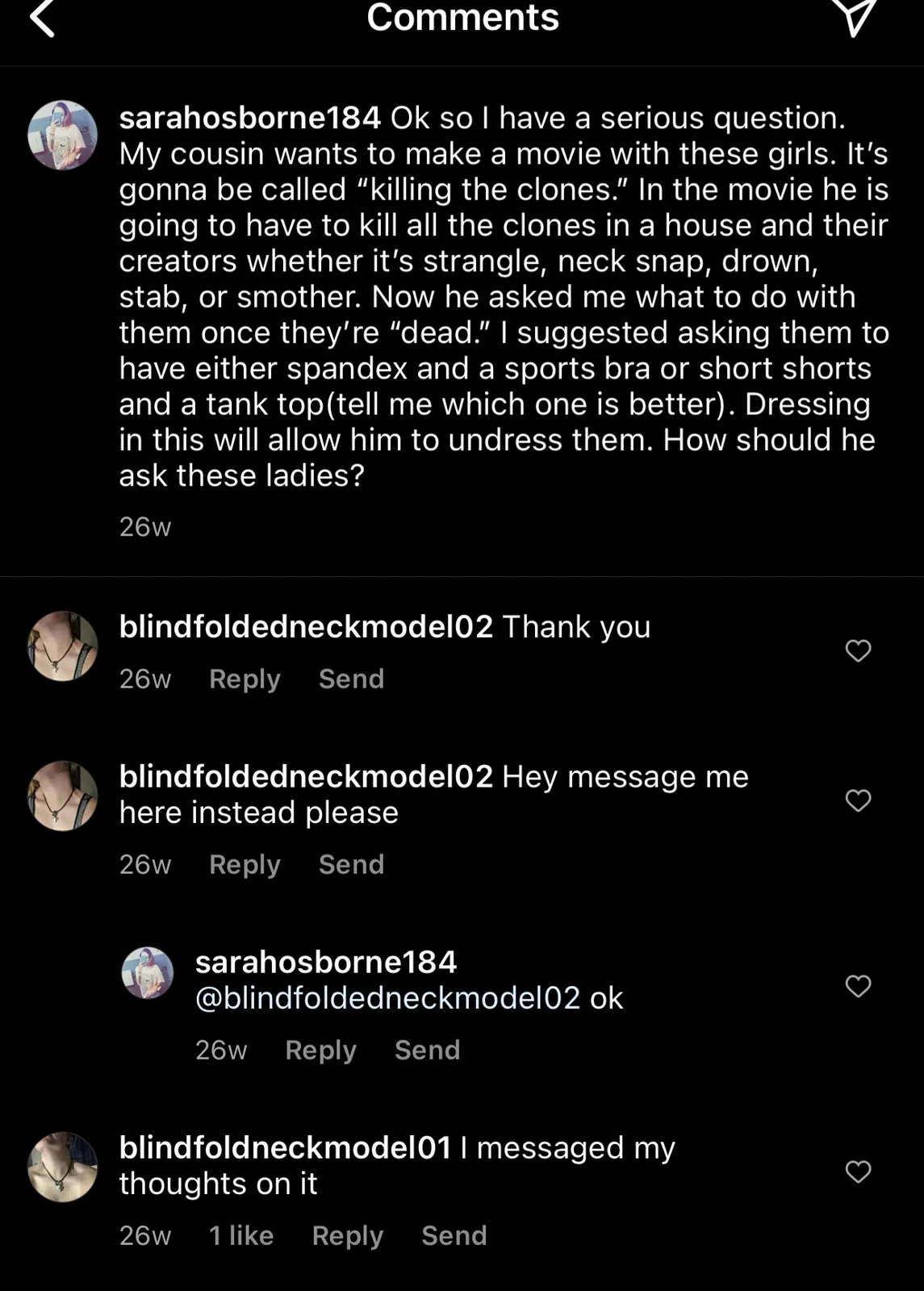 Dark-mode comment thread discussing a proposed violent film, followed by replies about private messages.