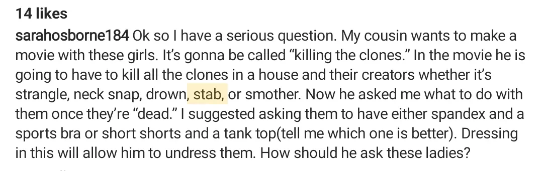 Light-background crop of a social-media caption describing a proposed violent film, with a like count above.