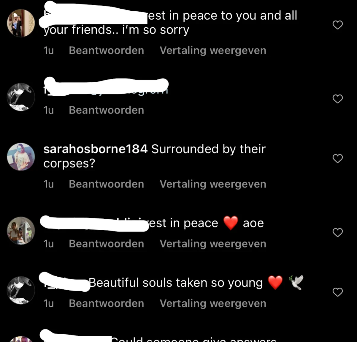 Dark-mode comment thread with condolence messages and an intrusive reply; several usernames are covered in white.