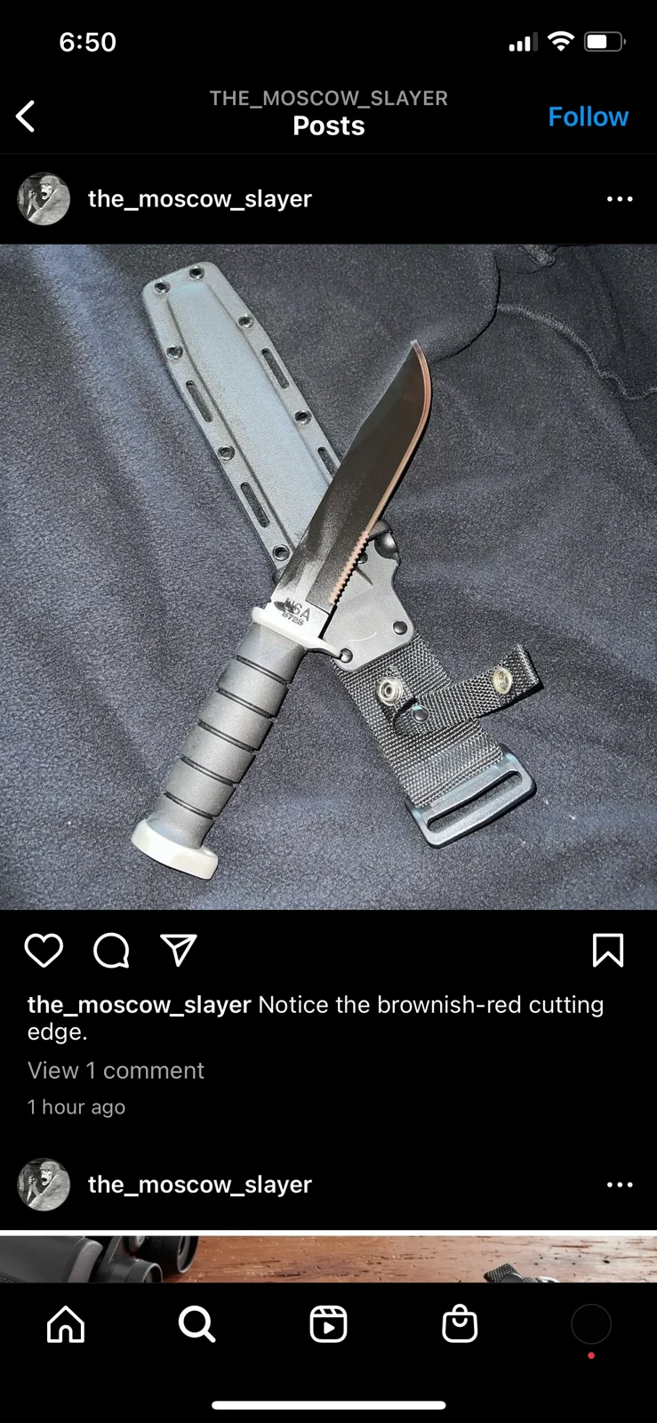 Social-media post showing a fixed-blade knife and gray sheath, with a caption referring to the blade edge.