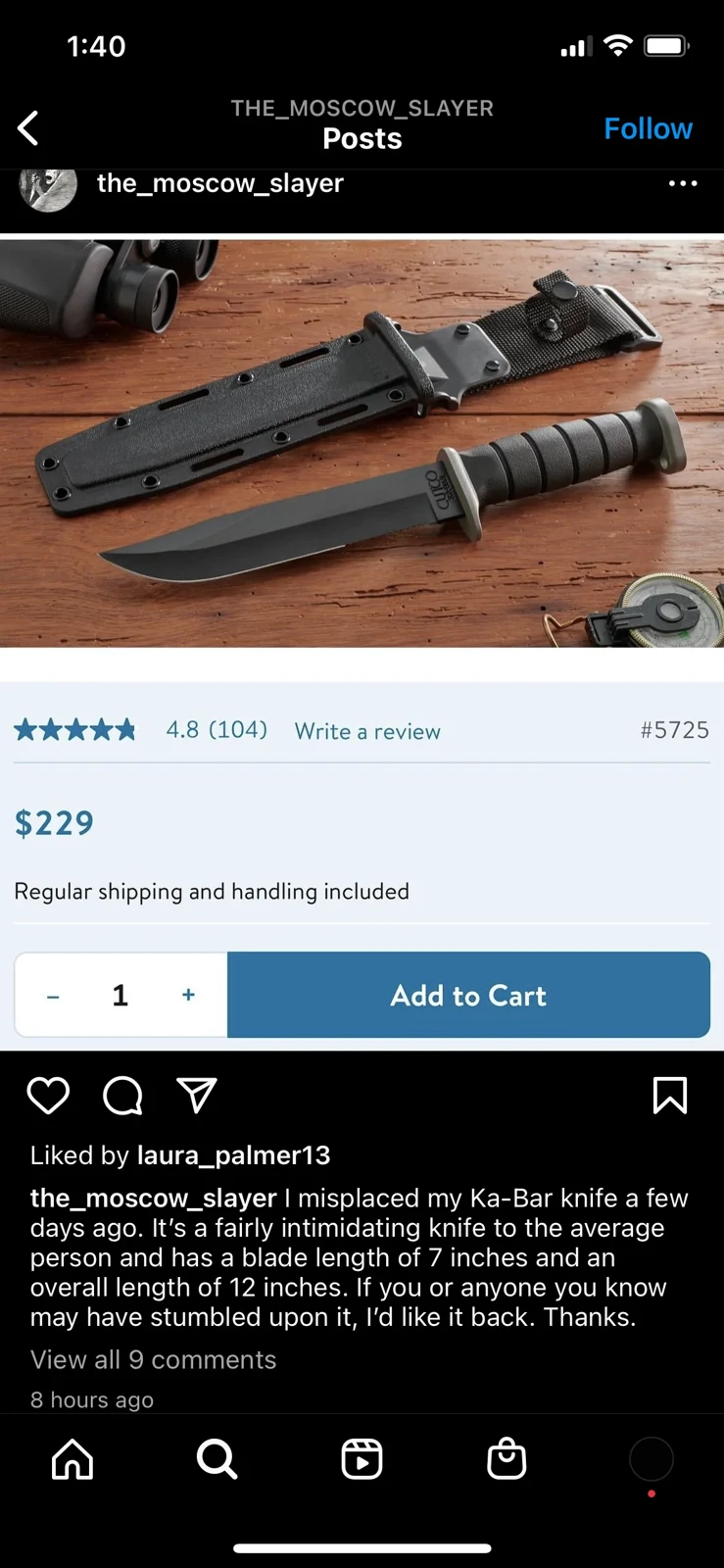Social-media screenshot containing an online product listing for a fixed-blade knife and sheath, with a price and Add to Cart button.