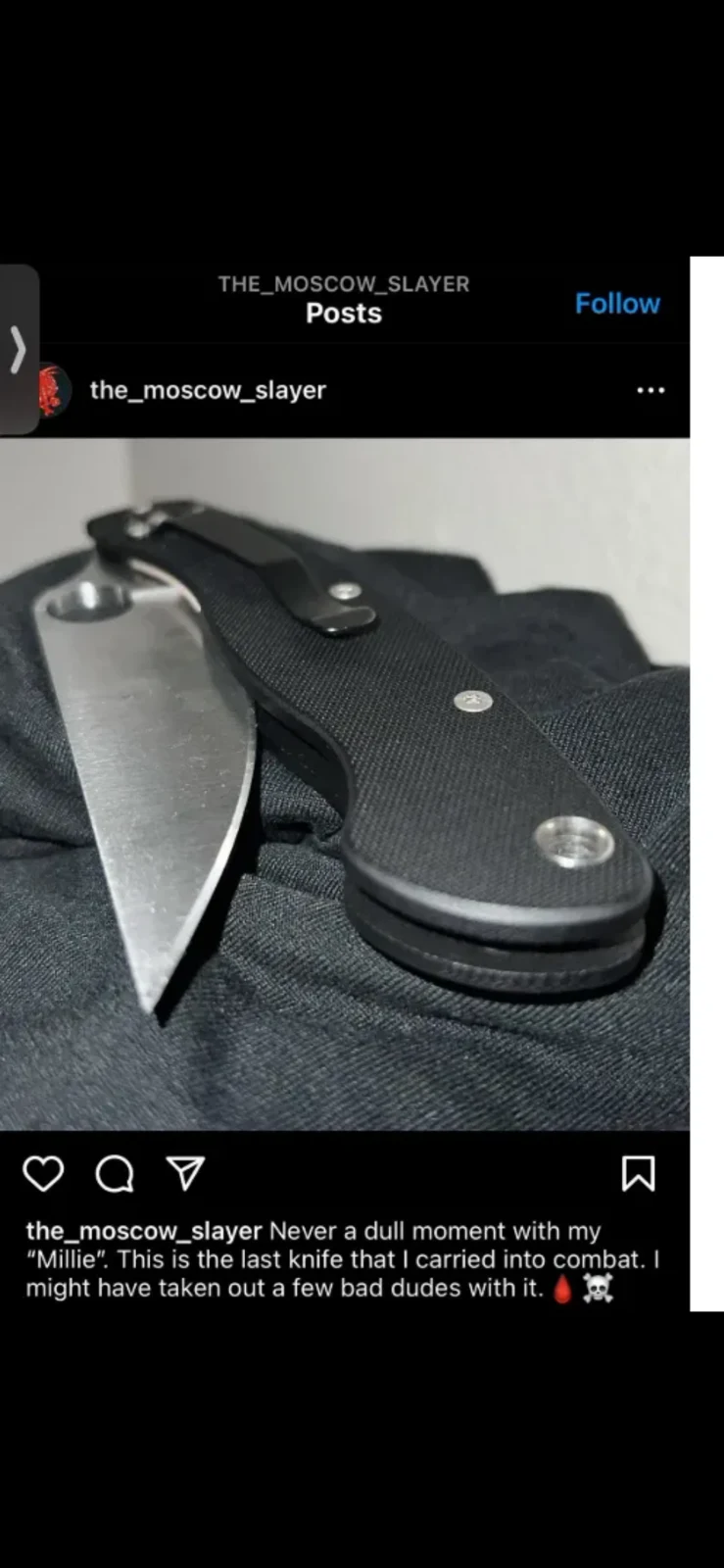 Social-media screenshot of an open folding knife on dark fabric with a caption beneath it.