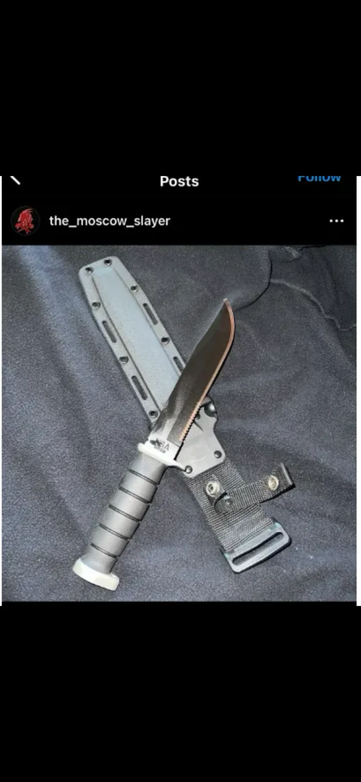 Social-media screenshot showing a fixed-blade knife and gray sheath against dark fabric.