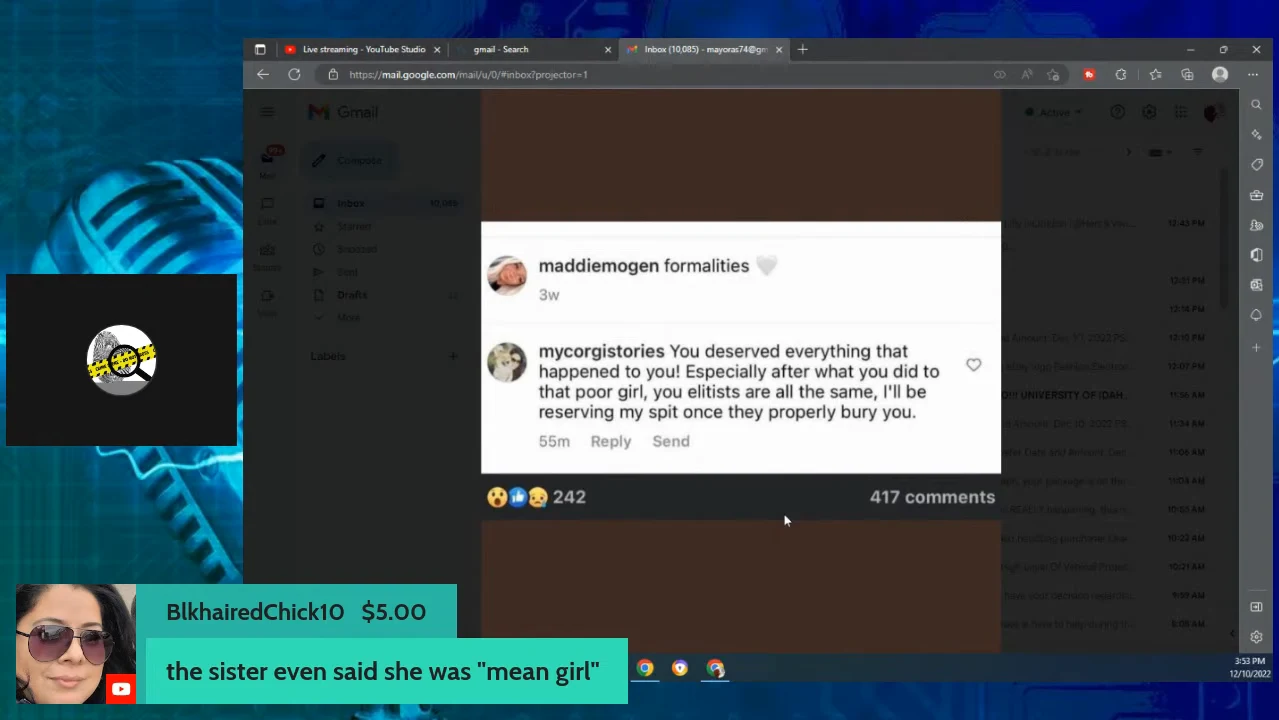 Livestream screenshot of a browser displaying an abusive social-media comment, with a donation banner and presenter inset.
