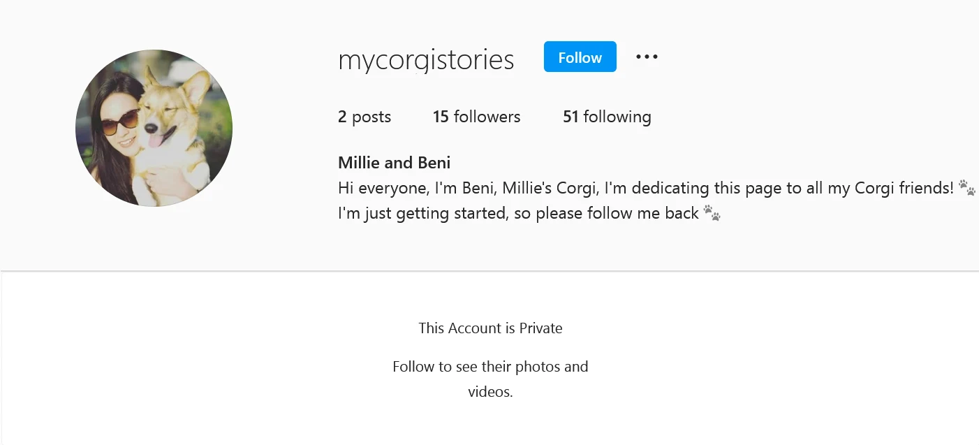 Private social-media profile page with a circular woman-and-dog avatar, a short biography and follower counts.
