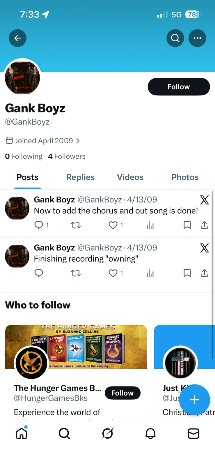 Phone screenshot of a social-media profile with a blue header, music-related posts and suggested accounts.