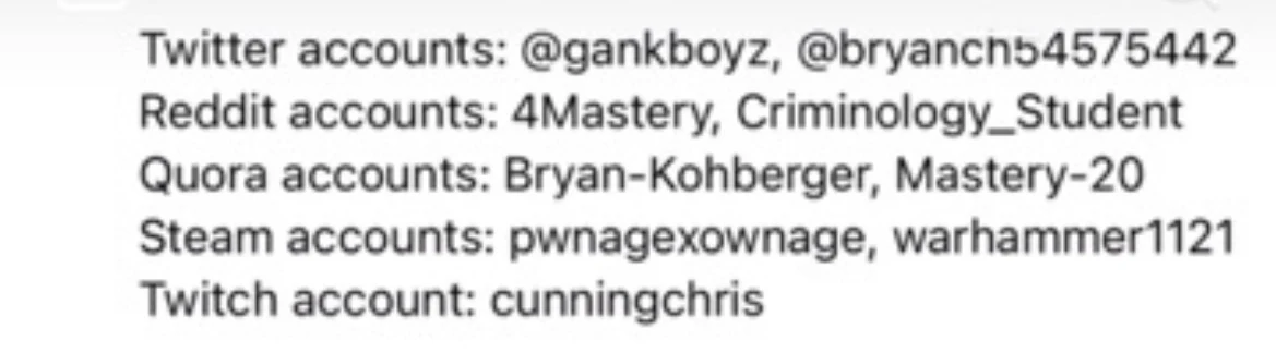 Cropped text list of account handles grouped by Twitter, Reddit, Quora, Steam and Twitch; the image does not verify ownership.