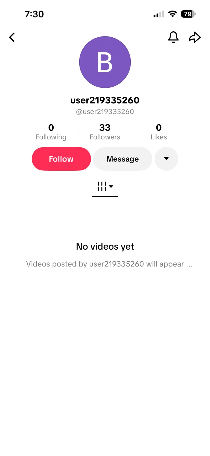 Phone screenshot of a short-video profile with a purple initial avatar and a No videos yet message.
