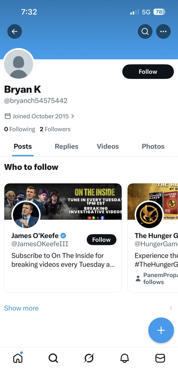 Phone screenshot of a social-media profile with a blue header, blank avatar and suggested accounts.