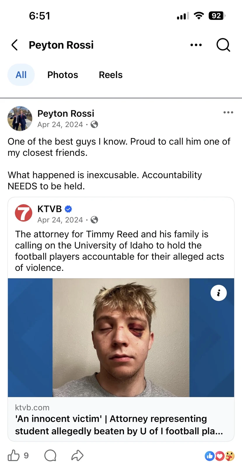 Phone screenshot of a social-media post sharing a news article with a portrait of a young man and commentary above.