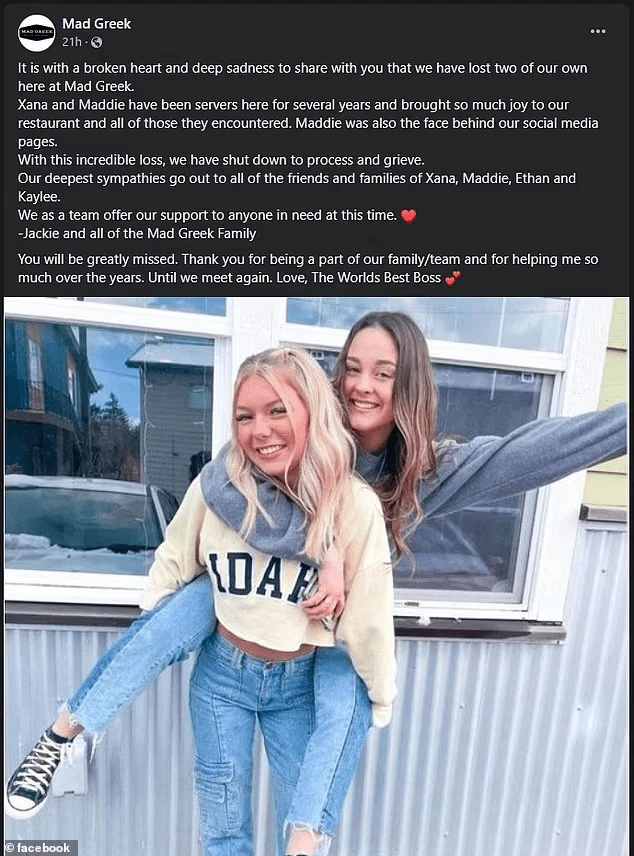 Restaurant social-media memorial post above a photograph of two smiling women, one carrying the other outdoors.