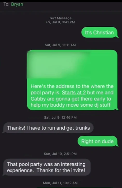 Phone text-message screenshot discussing a pool party, with part of an outgoing message blurred.
