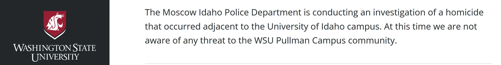 Washington State University notice graphic with its logo and text about a Moscow police homicide investigation and campus threat assessment.