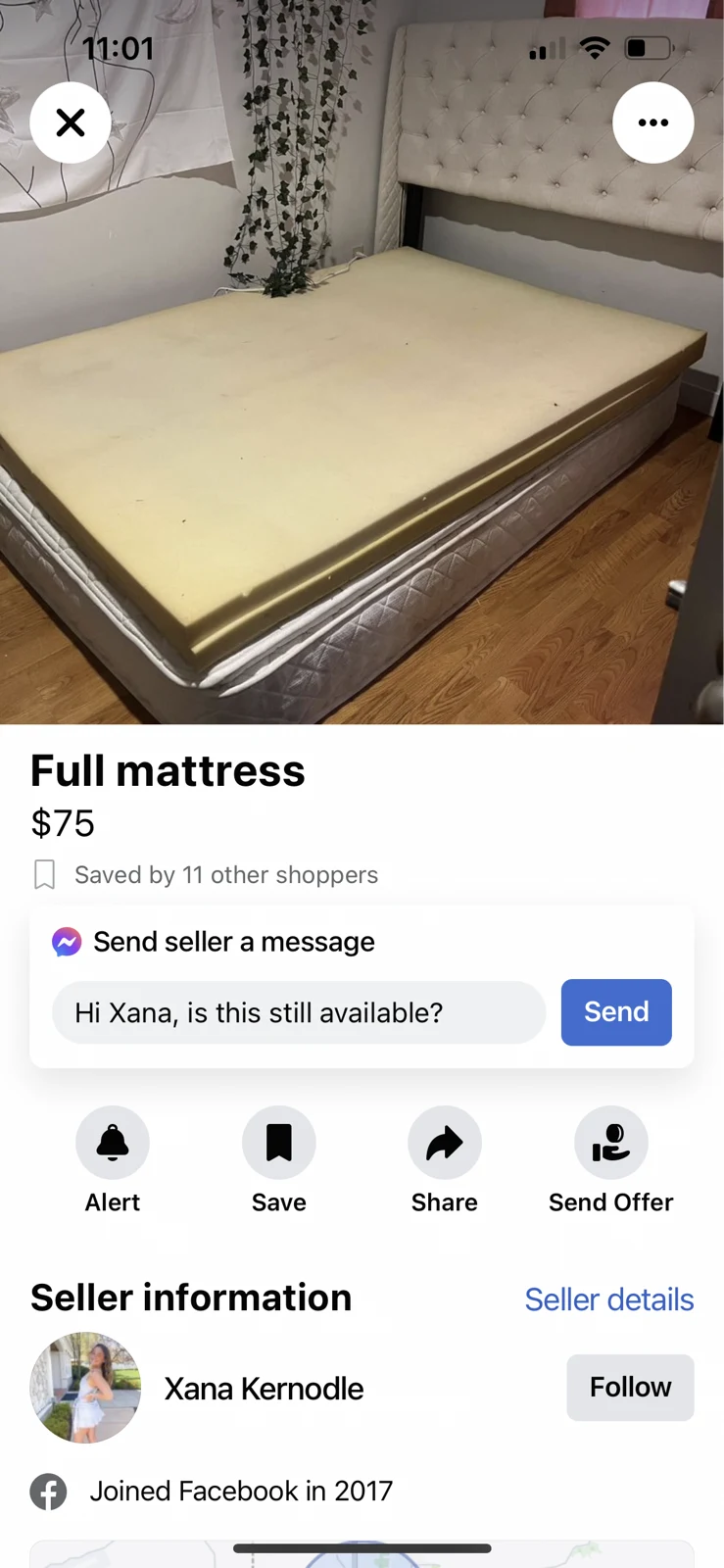 Phone marketplace listing for a full mattress with a bed photograph, price, seller panel and message controls.