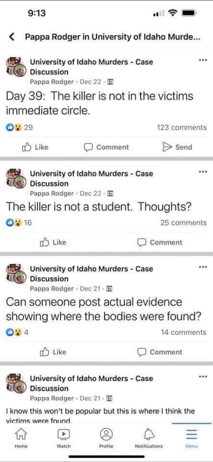 Phone screenshot of several case-discussion group posts asking questions and stating opinions, with reactions and comments.