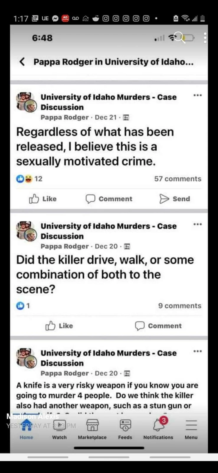 Phone screenshot of a case-discussion feed containing speculative questions about a crime and travel to a scene.
