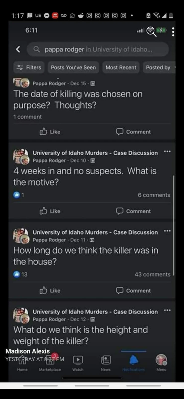 Dark-mode phone screenshot of case-discussion group posts asking about timing, motive and physical characteristics.