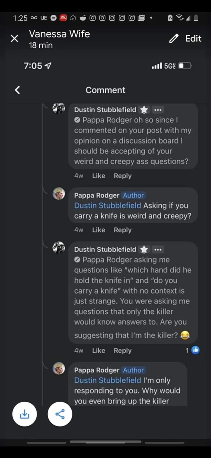 Phone screenshot of a dark-mode comment exchange discussing a knife and the wording of questions.