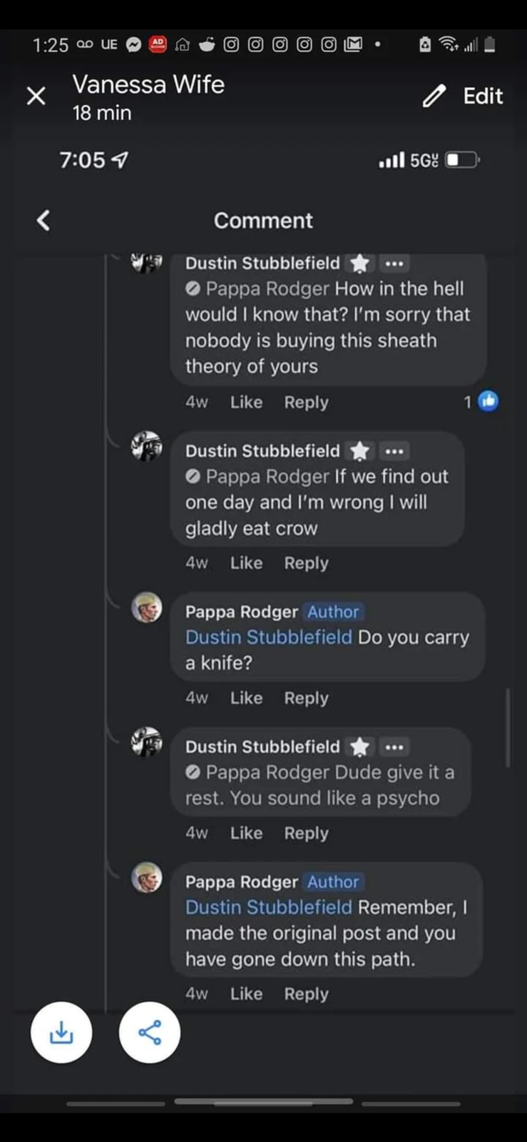 Phone screenshot of a dark-mode comment argument with profile icons, reply links and reaction counts.
