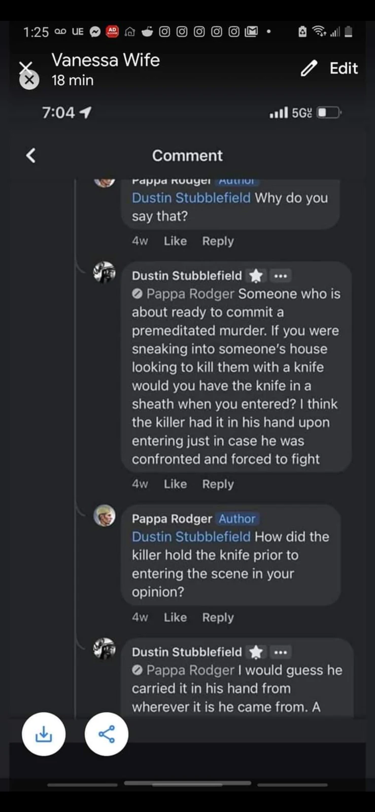 Phone screenshot of a dark-mode comment exchange speculating about carrying a knife, within an image viewer.