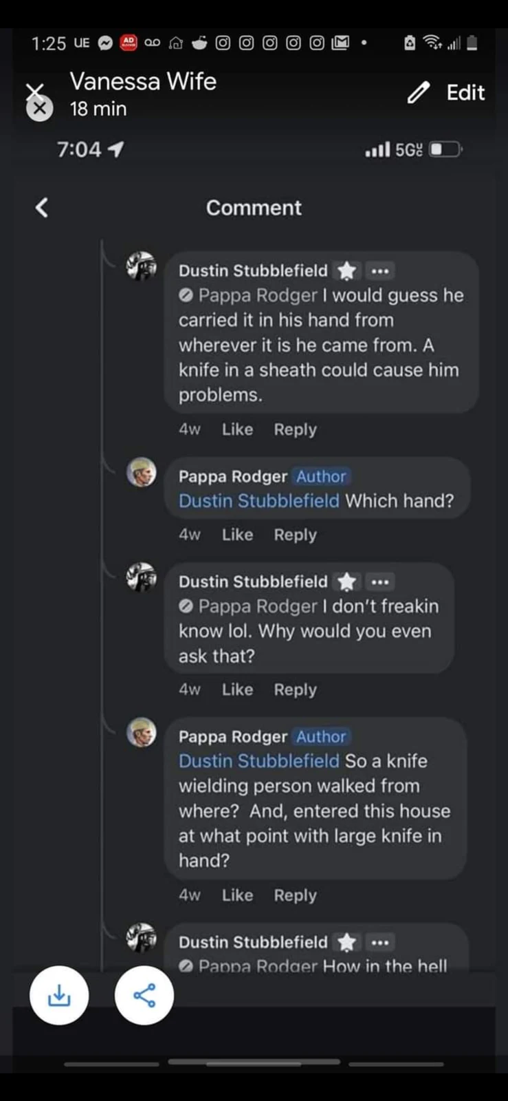 Phone screenshot of a dark-mode comment exchange asking which hand might have held a knife.