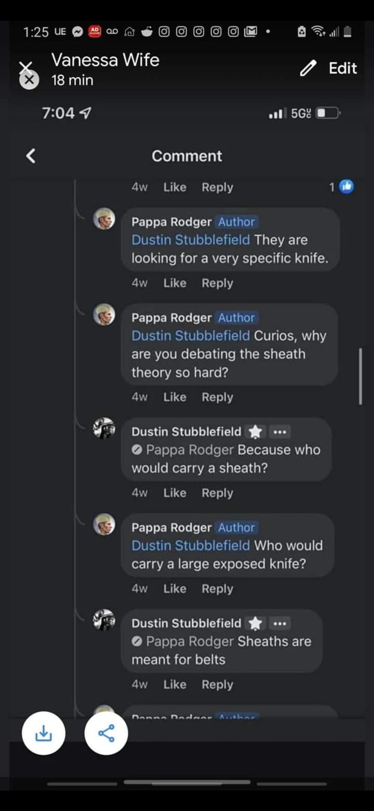 Phone screenshot of a dark-mode comment exchange debating a knife-sheath theory.