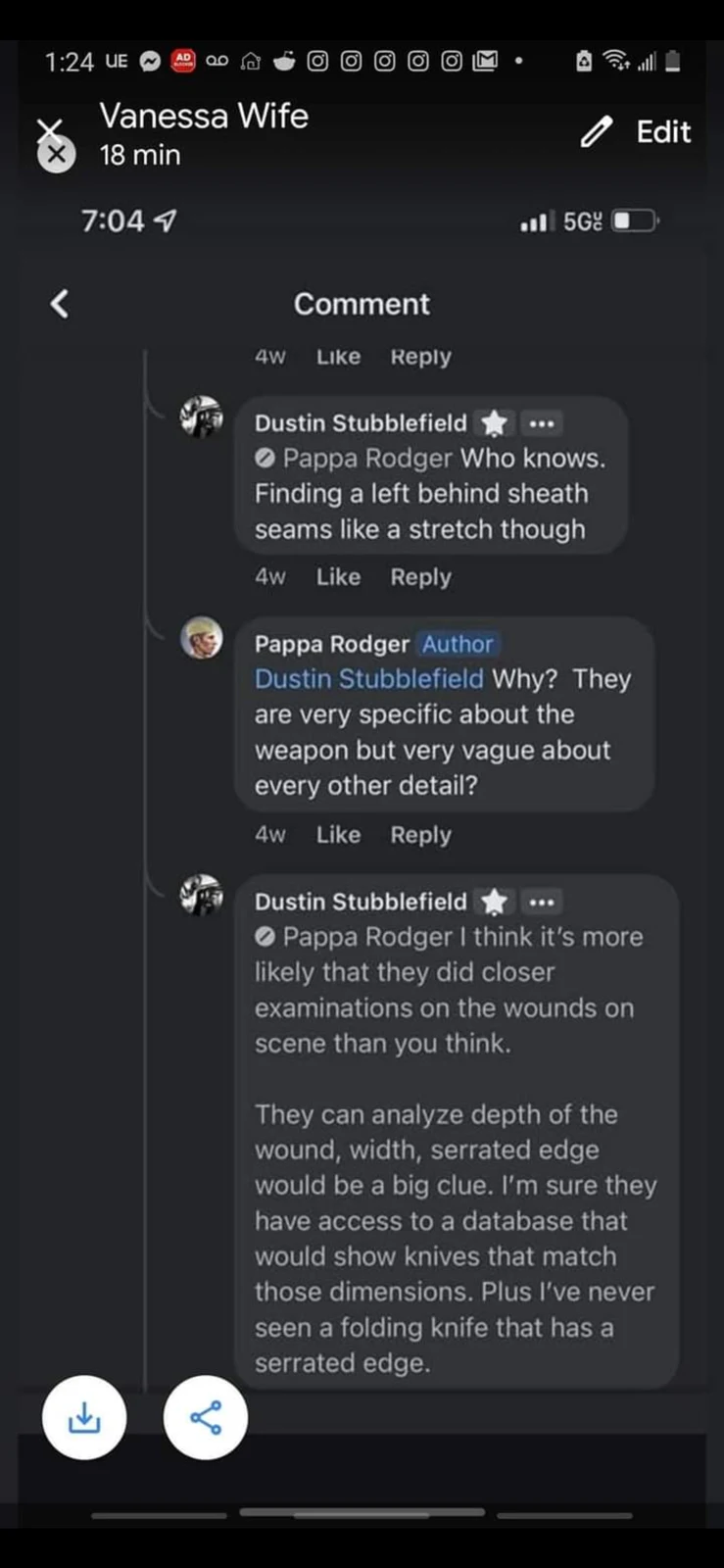 Phone screenshot of a dark-mode discussion speculating about a sheath and weapon examination.