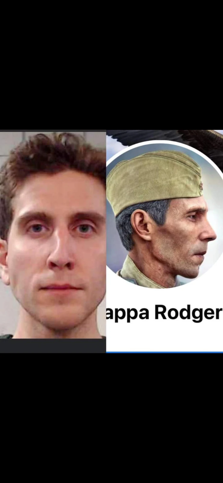 Side-by-side comparison graphic of a man's frontal portrait and another male profile in a cap; the image itself does not establish an identity connection.