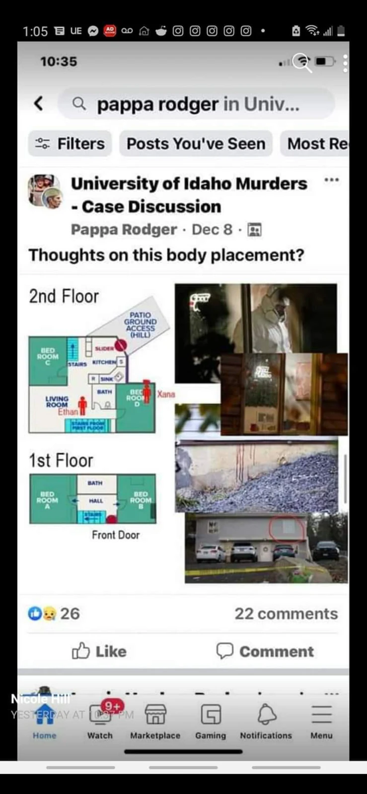 Case-discussion group post showing floor-plan diagrams and exterior photographs beneath a question about body placement.