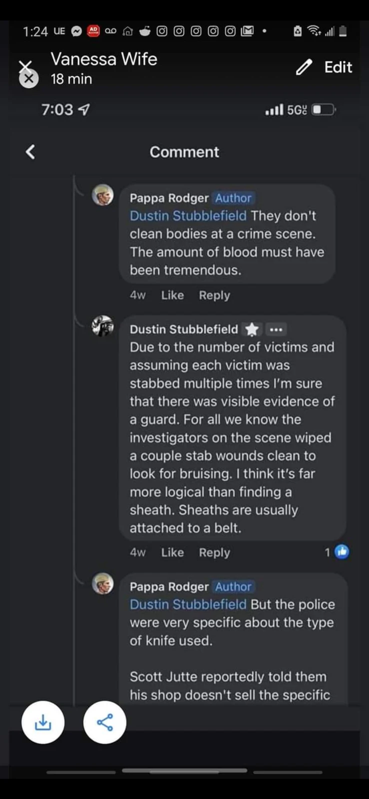 Phone screenshot of a dark-mode comment exchange debating possible weapon evidence.