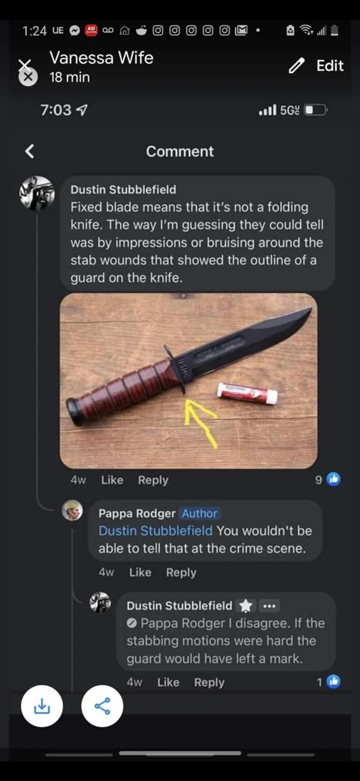 Phone screenshot of comments surrounding a fixed-blade knife photograph marked with a yellow arrow.