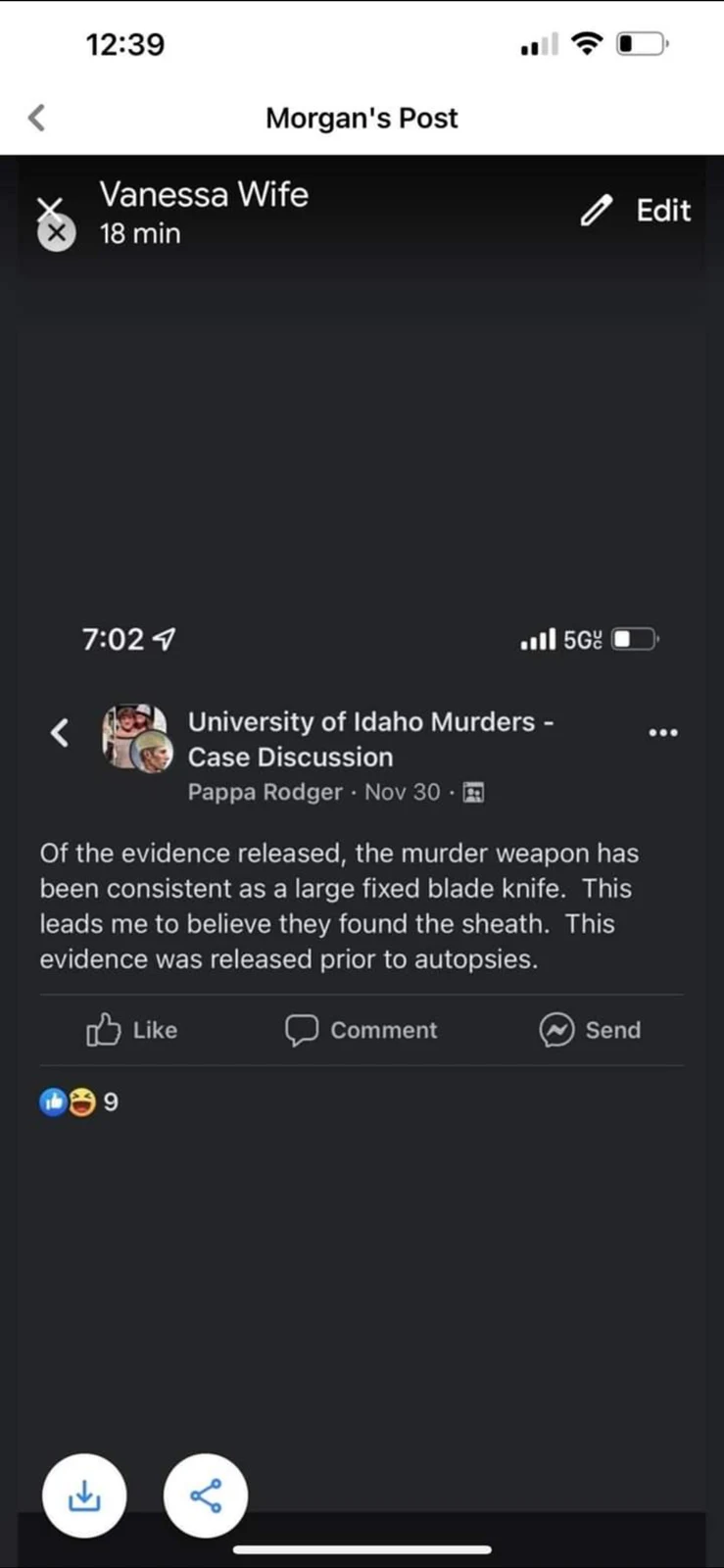 Phone image-viewer screenshot of a group post speculating about a fixed-blade knife and sheath.