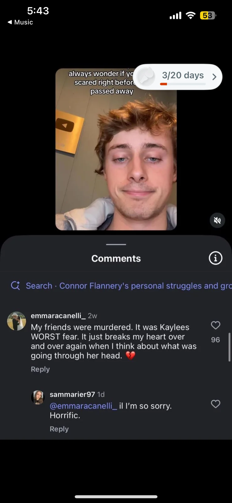 Short-video screenshot with a young man's face above a comments panel containing a memorial-related conversation.
