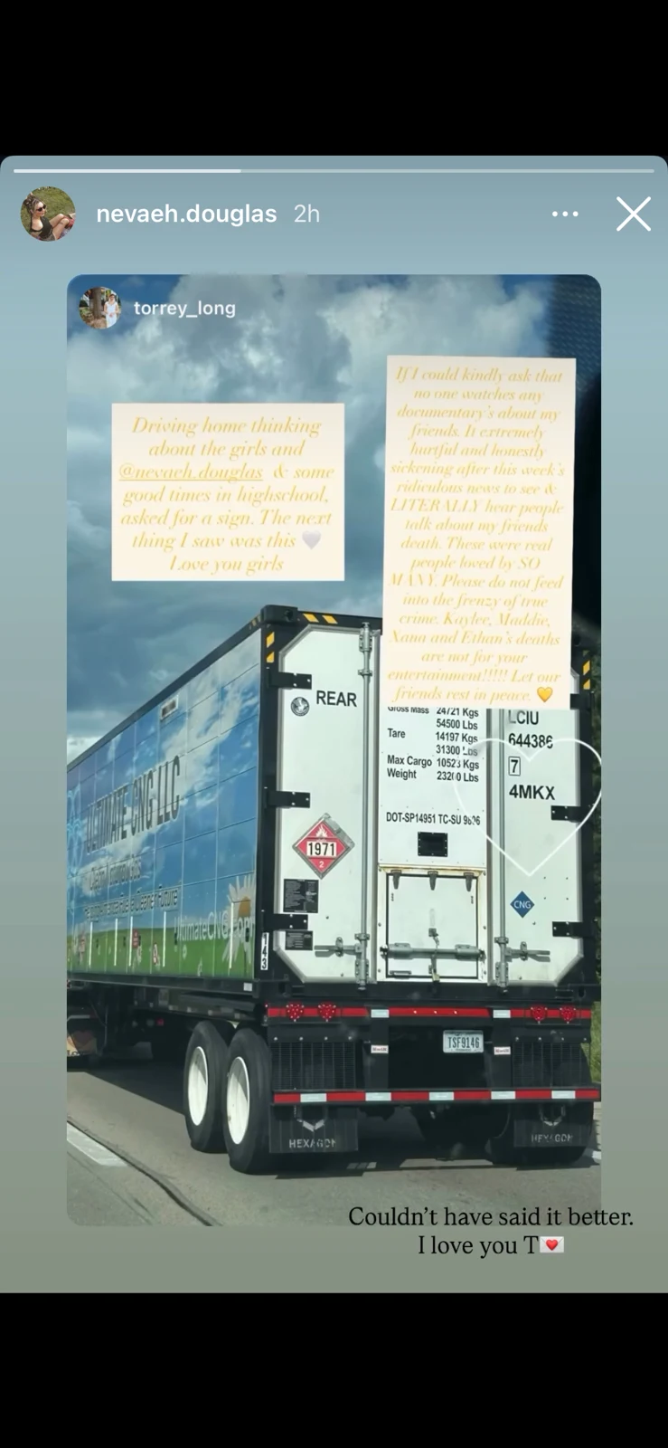 Social-media story showing the rear of a large truck with text overlays and a remembrance message.