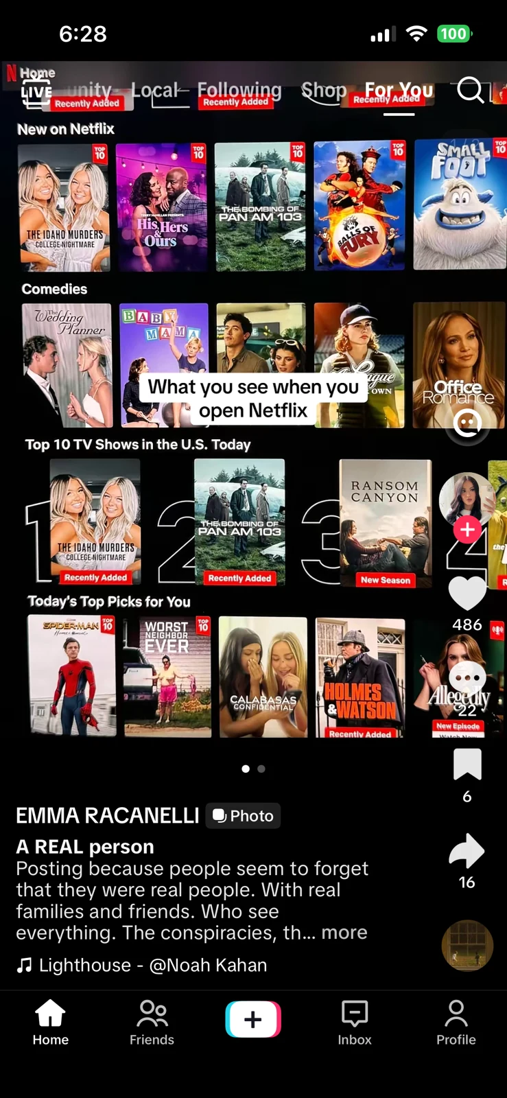 Short-video screenshot of a streaming-service title grid with a text overlay and a personal remembrance caption below.
