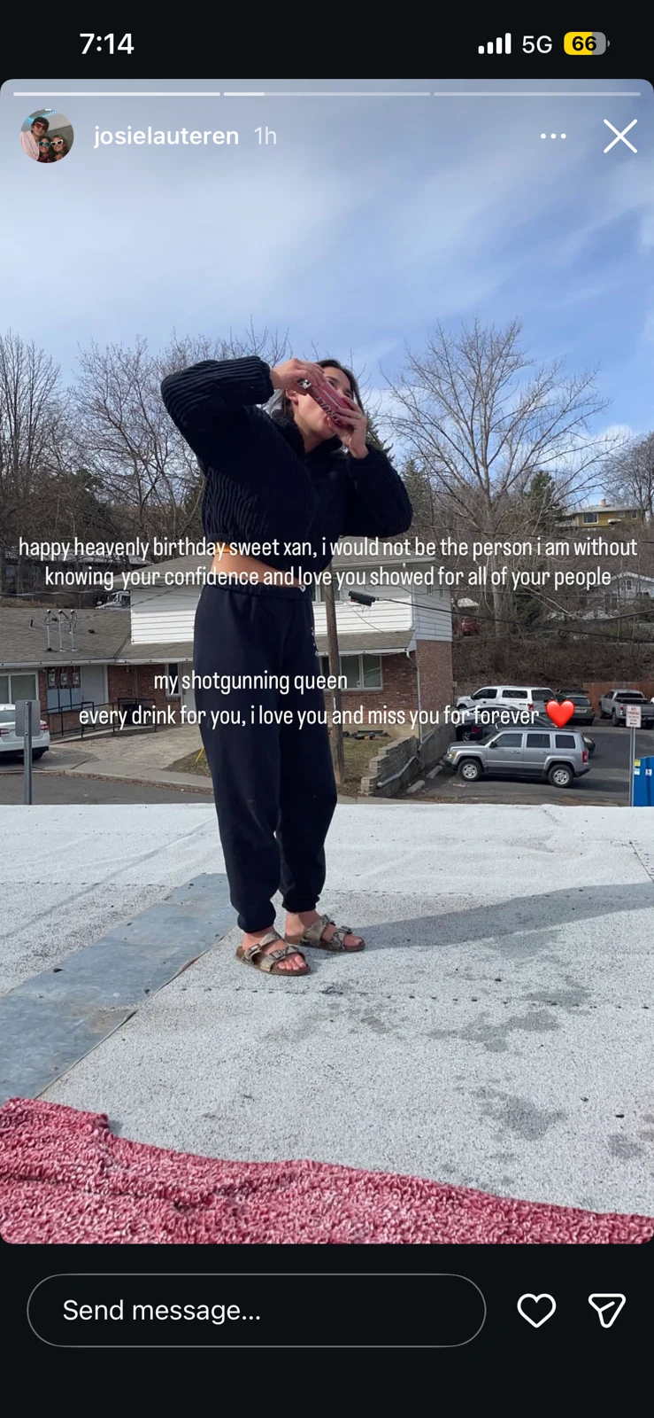 Social-media birthday-remembrance story showing a person drinking from a can outdoors on a paved surface.