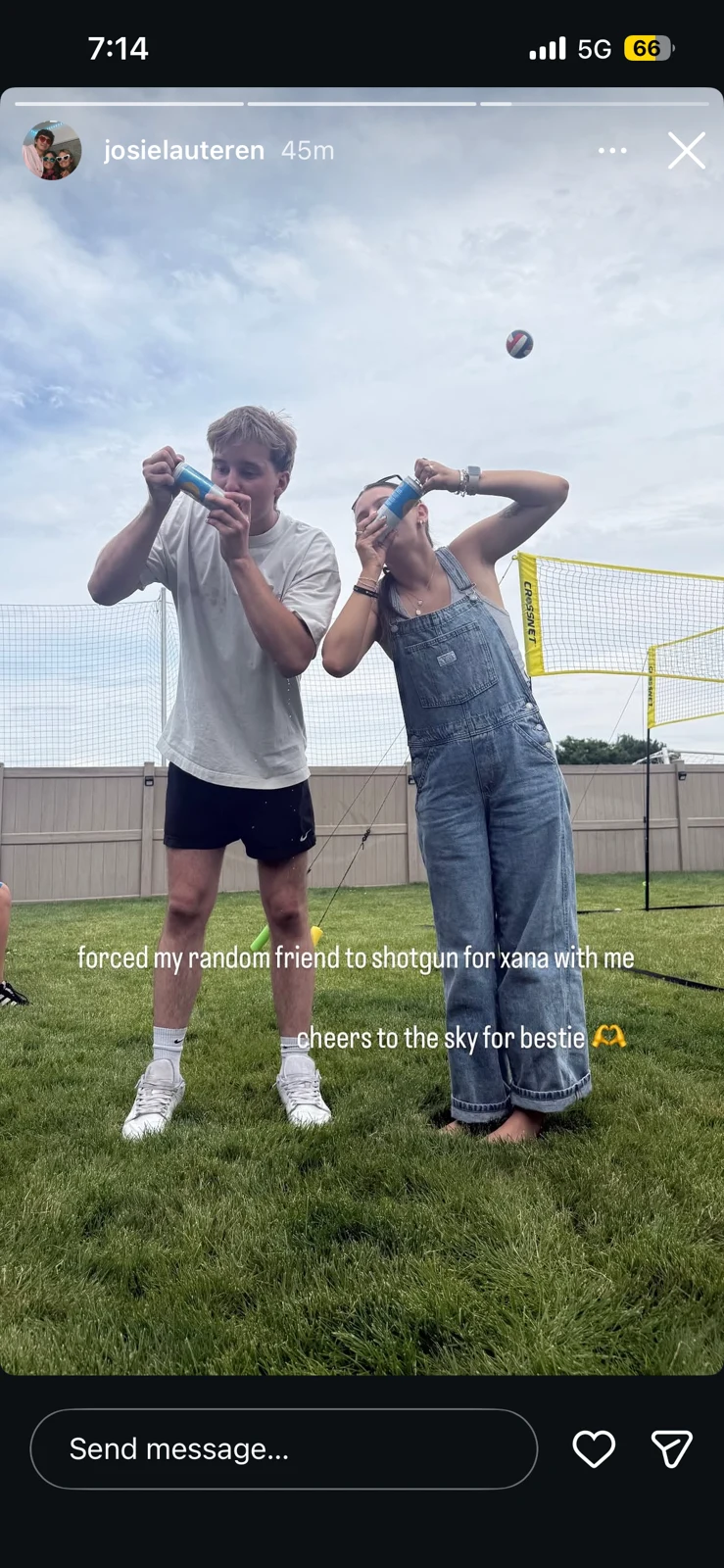 Social-media story showing two people holding drinks on grass beside a volleyball net, with a remembrance caption.