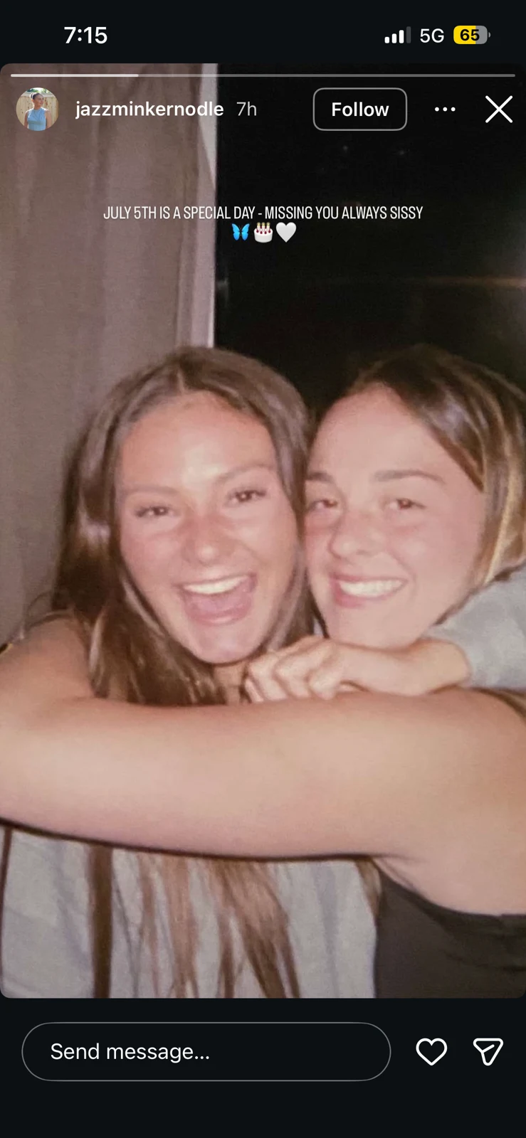 Social-media remembrance story showing two smiling young women embracing.