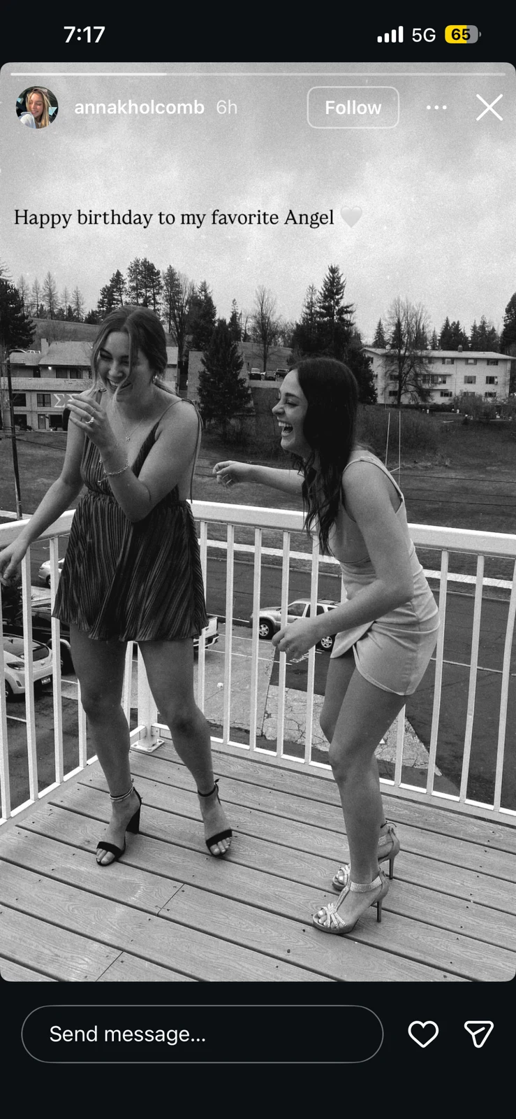 Black-and-white social-media birthday-remembrance photograph of two women laughing on a balcony.